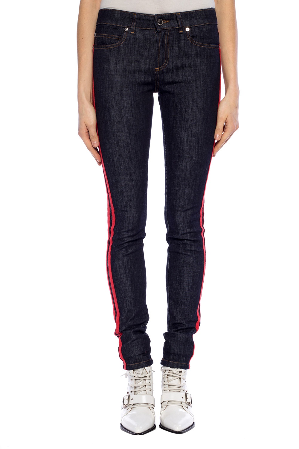 Jeans with red and sales white stripe down the side